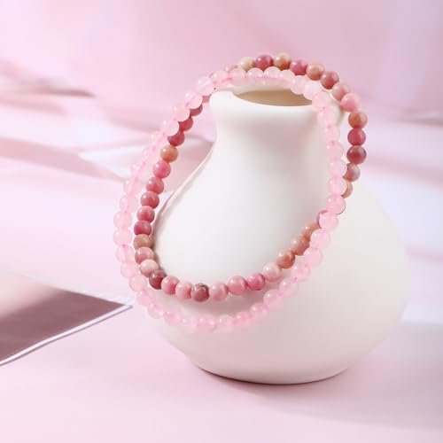 NCB 2-teiliges 4mm Naturkristall-Stein-Armband – Rosenquarz & Rhodochrosit, handgefertigt, Reiki-Energie-Heil-Schmuck für Meditation, Yoga, Unisex