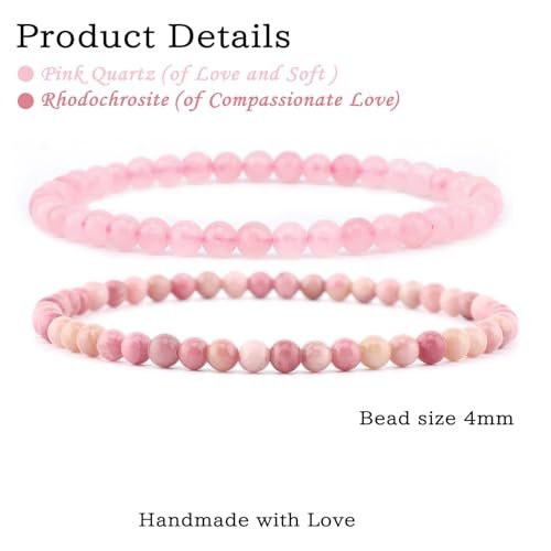 NCB 2-teiliges 4mm Naturkristall-Stein-Armband – Rosenquarz & Rhodochrosit, handgefertigt, Reiki-Energie-Heil-Schmuck für Meditation, Yoga, Unisex
