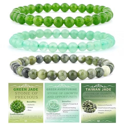 NCB 3-teiliges 6mm Naturkristall-Edelstein-Armband-Set – Grüner Jade, Grüner Aventurin, Taiwan-Jade – Handgefertigtes Reiki-Heil-Schmuckstück für Meditation, Yoga, Unisex