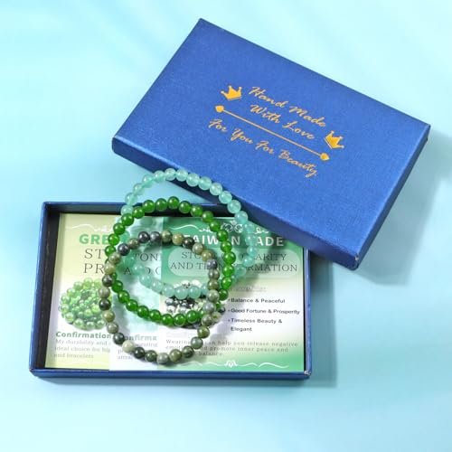 NCB 3-teiliges 6mm Naturkristall-Edelstein-Armband-Set – Grüner Jade, Grüner Aventurin, Taiwan-Jade – Handgefertigtes Reiki-Heil-Schmuckstück für Meditation, Yoga, Unisex