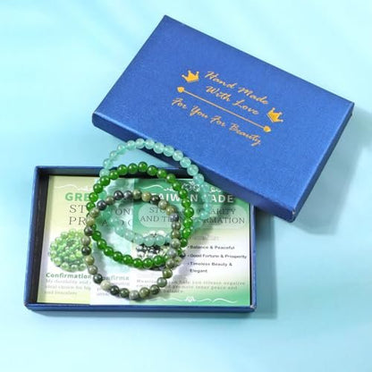 NCB 3-teiliges 6mm Naturkristall-Edelstein-Armband-Set – Grüner Jade, Grüner Aventurin, Taiwan-Jade – Handgefertigtes Reiki-Heil-Schmuckstück für Meditation, Yoga, Unisex