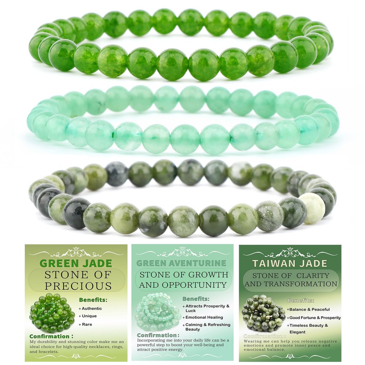 NCB 3-teiliges 6mm Naturkristall-Edelstein-Armband-Set – Grüner Jade, Grüner Aventurin, Taiwan-Jade – Handgefertigtes Reiki-Heil-Schmuckstück für Meditation, Yoga, Unisex