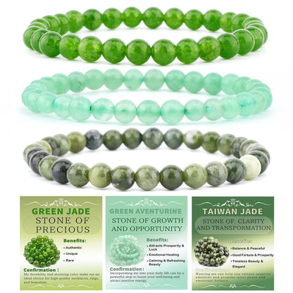 NCB 3-teiliges 6mm Naturkristall-Edelstein-Armband-Set – Grüner Jade, Grüner Aventurin, Taiwan-Jade – Handgefertigtes Reiki-Heil-Schmuckstück für Meditation, Yoga, Unisex