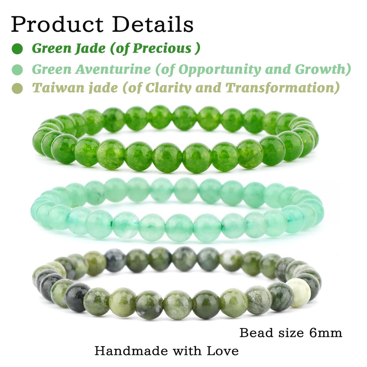 NCB 3-teiliges 6mm Naturkristall-Edelstein-Armband-Set – Grüner Jade, Grüner Aventurin, Taiwan-Jade – Handgefertigtes Reiki-Heil-Schmuckstück für Meditation, Yoga, Unisex