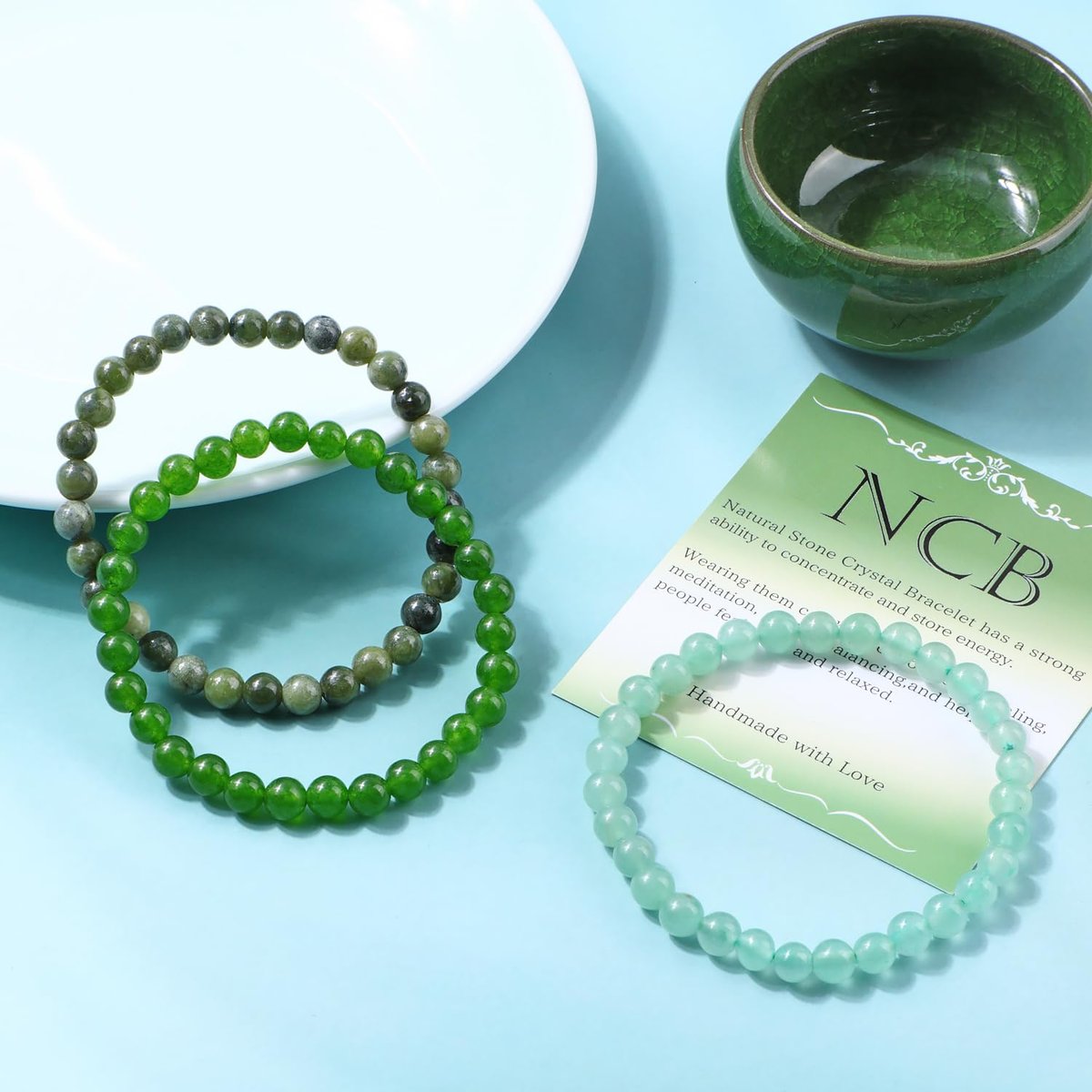 NCB 3-teiliges 6mm Naturkristall-Edelstein-Armband-Set – Grüner Jade, Grüner Aventurin, Taiwan-Jade – Handgefertigtes Reiki-Heil-Schmuckstück für Meditation, Yoga, Unisex