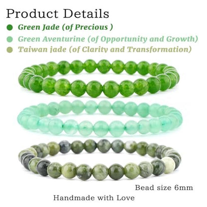 NCB 3-teiliges 6mm Naturkristall-Edelstein-Armband-Set – Grüner Jade, Grüner Aventurin, Taiwan-Jade – Handgefertigtes Reiki-Heil-Schmuckstück für Meditation, Yoga, Unisex