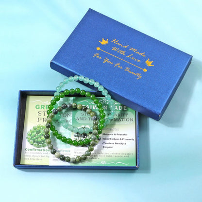 NCB 3-teiliges 6mm Naturkristall-Edelstein-Armband-Set – Grüner Jade, Grüner Aventurin, Taiwan-Jade – Handgefertigtes Reiki-Heil-Schmuckstück für Meditation, Yoga, Unisex