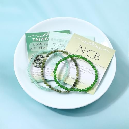 NCB 3er-Set 4mm Naturstein Kristall-Armbänder – Grüner Jade, Grüner Aventurin, Taiwan Jade Handgefertigt Reiki Energie Heilung Schmuck für Meditation, Yoga, Unisex