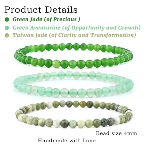 NCB 3er-Set 4mm Naturstein Kristall-Armbänder – Grüner Jade, Grüner Aventurin, Taiwan Jade Handgefertigt Reiki Energie Heilung Schmuck für Meditation, Yoga, Unisex