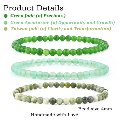 NCB 3er-Set 4mm Naturstein Kristall-Armbänder – Grüner Jade, Grüner Aventurin, Taiwan Jade Handgefertigt Reiki Energie Heilung Schmuck für Meditation, Yoga, Unisex