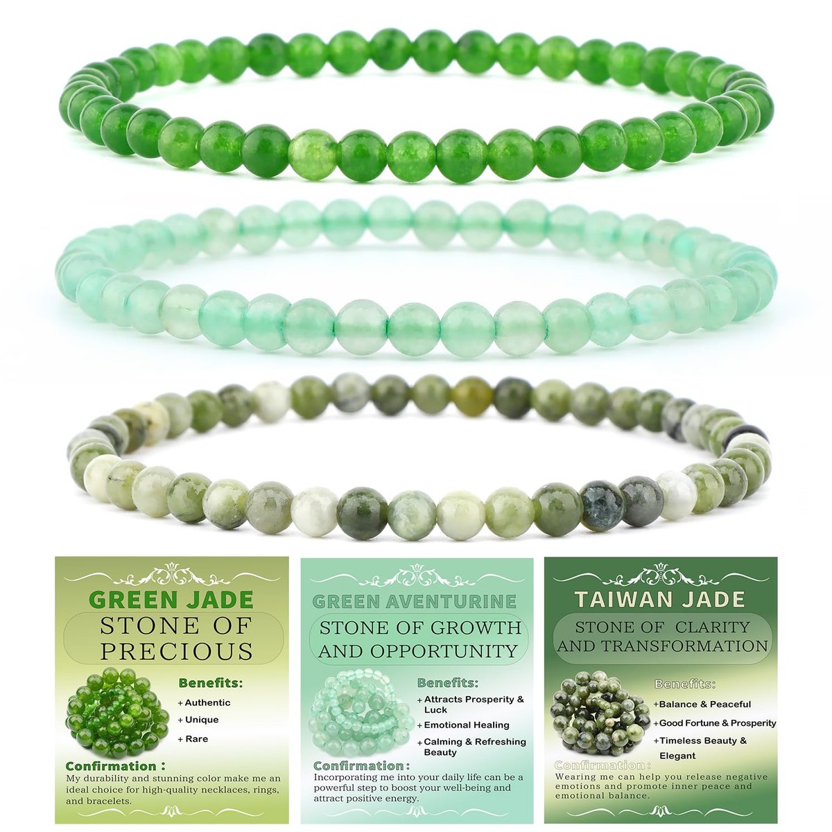 NCB 3er-Set 4mm Naturstein Kristall-Armbänder – Grüner Jade, Grüner Aventurin, Taiwan Jade Handgefertigt Reiki Energie Heilung Schmuck für Meditation, Yoga, Unisex