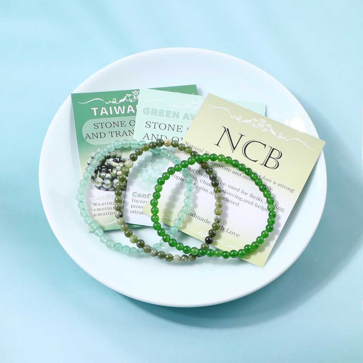 NCB 3er-Set 4mm Naturstein Kristall-Armbänder – Grüner Jade, Grüner Aventurin, Taiwan Jade Handgefertigt Reiki Energie Heilung Schmuck für Meditation, Yoga, Unisex