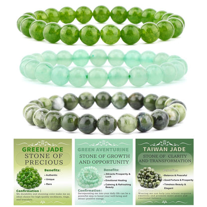 NCB 3-teiliges 8 mm Naturkristall-Edelstein-Armband-Set – Grüner Jade, Grüner Aventurin, Taiwan Jade handgefertigte Reiki-Energie-Heil-Schmuck für Meditation, Yoga, Unisex