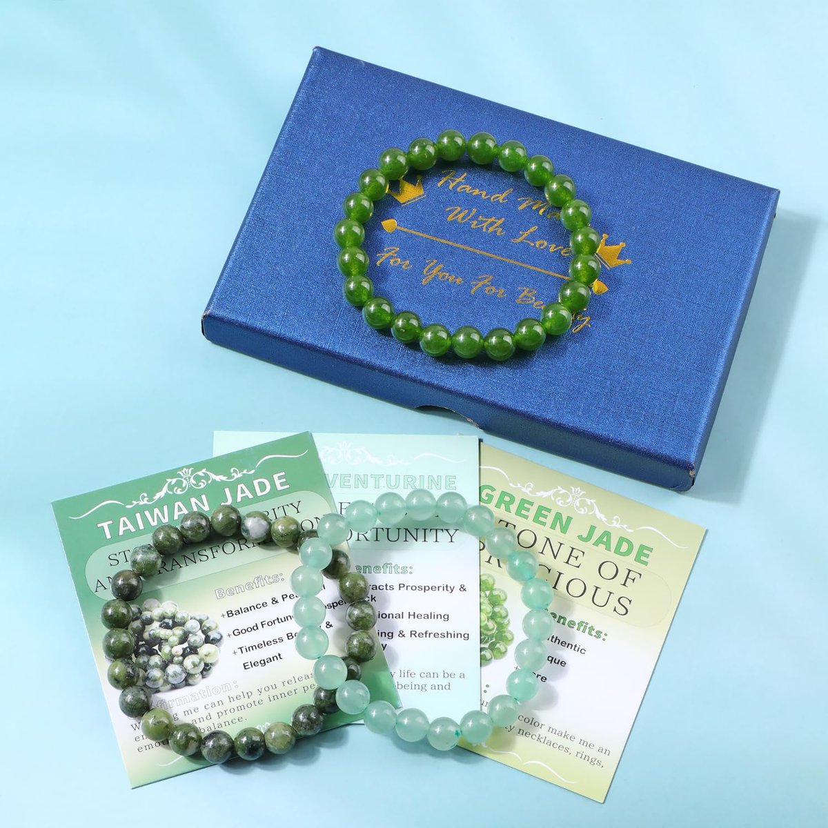 NCB 3-teiliges 8 mm Naturkristall-Edelstein-Armband-Set – Grüner Jade, Grüner Aventurin, Taiwan Jade handgefertigte Reiki-Energie-Heil-Schmuck für Meditation, Yoga, Unisex