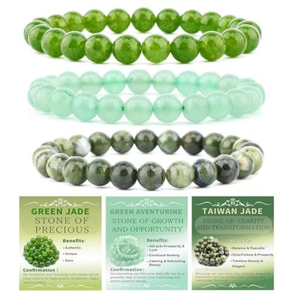 NCB 3-teiliges 8 mm Naturkristall-Edelstein-Armband-Set – Grüner Jade, Grüner Aventurin, Taiwan Jade handgefertigte Reiki-Energie-Heil-Schmuck für Meditation, Yoga, Unisex