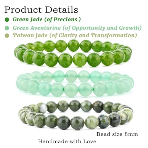NCB 3-teiliges 8 mm Naturkristall-Edelstein-Armband-Set – Grüner Jade, Grüner Aventurin, Taiwan Jade handgefertigte Reiki-Energie-Heil-Schmuck für Meditation, Yoga, Unisex