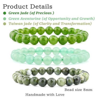 NCB 3-teiliges 8 mm Naturkristall-Edelstein-Armband-Set – Grüner Jade, Grüner Aventurin, Taiwan Jade handgefertigte Reiki-Energie-Heil-Schmuck für Meditation, Yoga, Unisex
