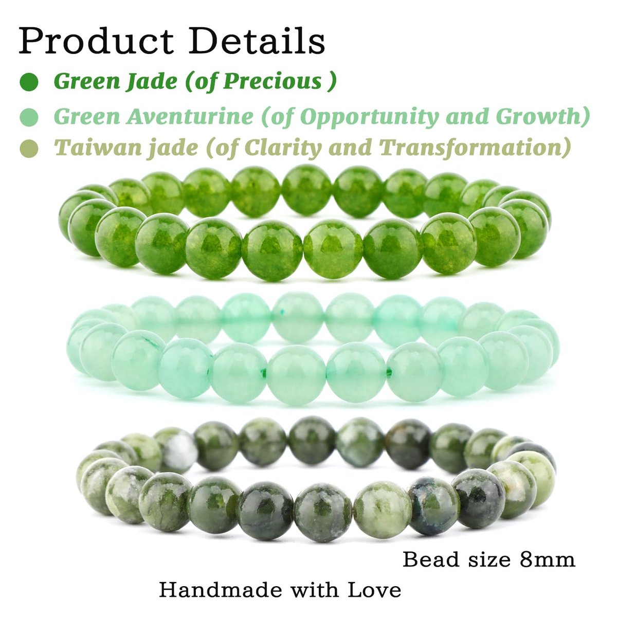 NCB 3-teiliges 8 mm Naturkristall-Edelstein-Armband-Set – Grüner Jade, Grüner Aventurin, Taiwan Jade handgefertigte Reiki-Energie-Heil-Schmuck für Meditation, Yoga, Unisex