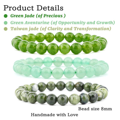NCB 3-teiliges 8 mm Naturkristall-Edelstein-Armband-Set – Grüner Jade, Grüner Aventurin, Taiwan Jade handgefertigte Reiki-Energie-Heil-Schmuck für Meditation, Yoga, Unisex