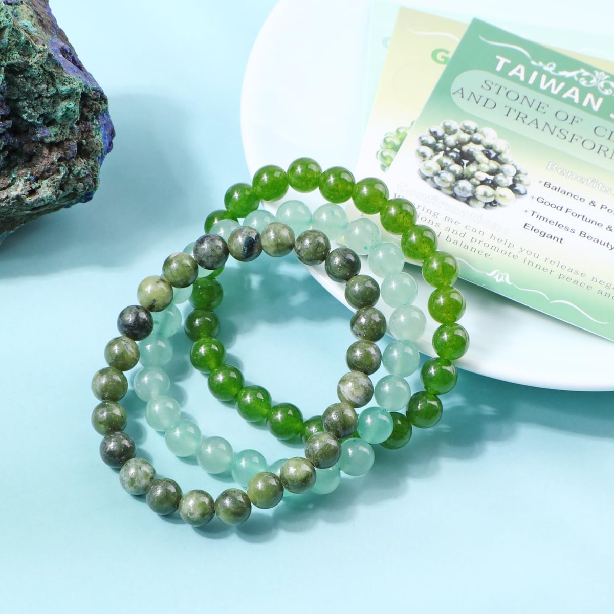 NCB 3-teiliges 8 mm Naturkristall-Edelstein-Armband-Set – Grüner Jade, Grüner Aventurin, Taiwan Jade handgefertigte Reiki-Energie-Heil-Schmuck für Meditation, Yoga, Unisex