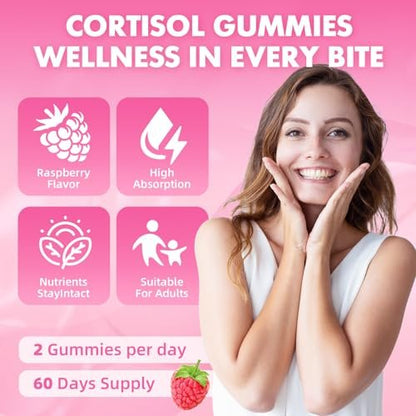 Cortisol Gummies für Frauen, Cortisol-Ergänzungsgummis mit Magnesium, Ashwagandha, Rhodiola Rosea und L-Theanin-Komplex für Entspannung und Fokus, Zzz-Unterstützung, Himbeergeschmack, 60 Stück