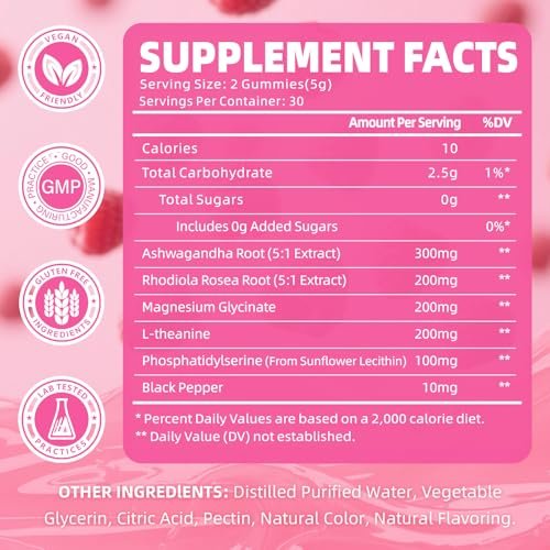 Cortisol Gummies für Frauen, Cortisol-Ergänzungsgummis mit Magnesium, Ashwagandha, Rhodiola Rosea und L-Theanin-Komplex für Entspannung und Fokus, Zzz-Unterstützung, Himbeergeschmack, 60 Stück