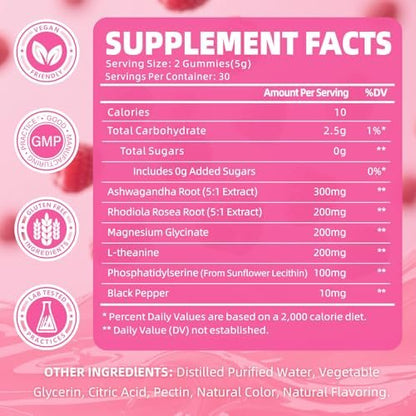 Cortisol Gummies für Frauen, Cortisol-Ergänzungsgummis mit Magnesium, Ashwagandha, Rhodiola Rosea und L-Theanin-Komplex für Entspannung und Fokus, Zzz-Unterstützung, Himbeergeschmack, 60 Stück