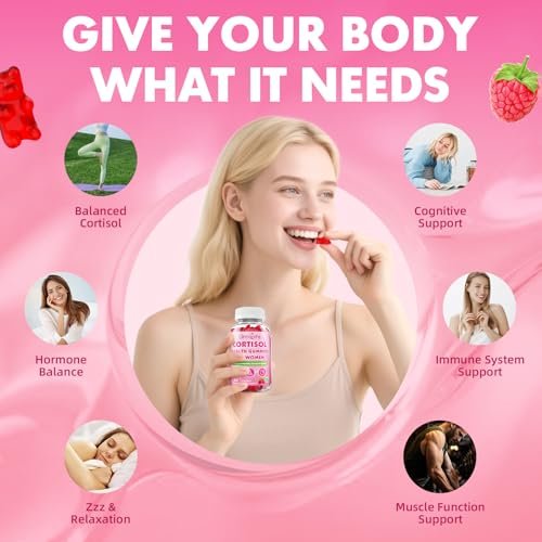 Cortisol Gummies für Frauen, Cortisol-Ergänzungsgummis mit Magnesium, Ashwagandha, Rhodiola Rosea und L-Theanin-Komplex für Entspannung und Fokus, Zzz-Unterstützung, Himbeergeschmack, 60 Stück