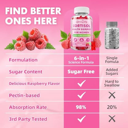 Cortisol Gummies für Frauen, Cortisol-Ergänzungsgummis mit Magnesium, Ashwagandha, Rhodiola Rosea und L-Theanin-Komplex für Entspannung und Fokus, Zzz-Unterstützung, Himbeergeschmack, 60 Stück