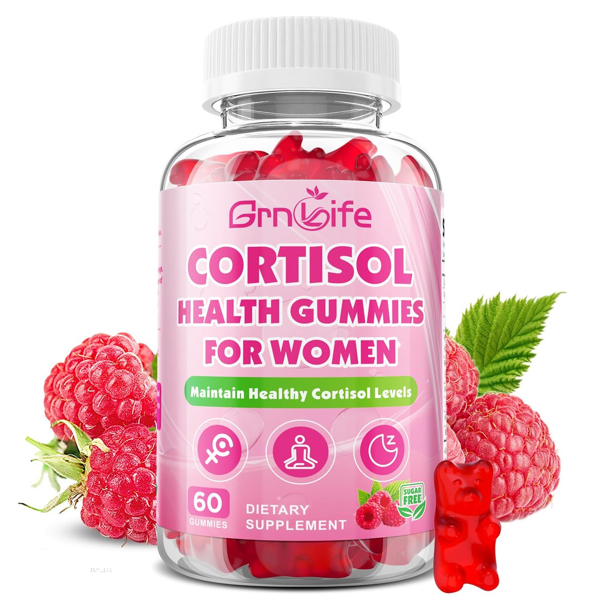 Cortisol Gummies für Frauen, Cortisol-Ergänzungsgummis mit Magnesium, Ashwagandha, Rhodiola Rosea und L-Theanin-Komplex für Entspannung und Fokus, Zzz-Unterstützung, Himbeergeschmack, 60 Stück