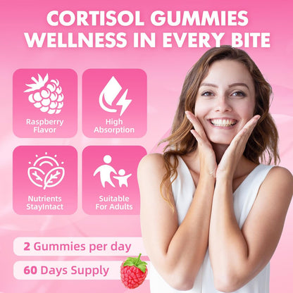 Cortisol Gummies für Frauen, Cortisol-Ergänzungsgummis mit Magnesium, Ashwagandha, Rhodiola Rosea und L-Theanin-Komplex für Entspannung und Fokus, Zzz-Unterstützung, Himbeergeschmack, 60 Stück