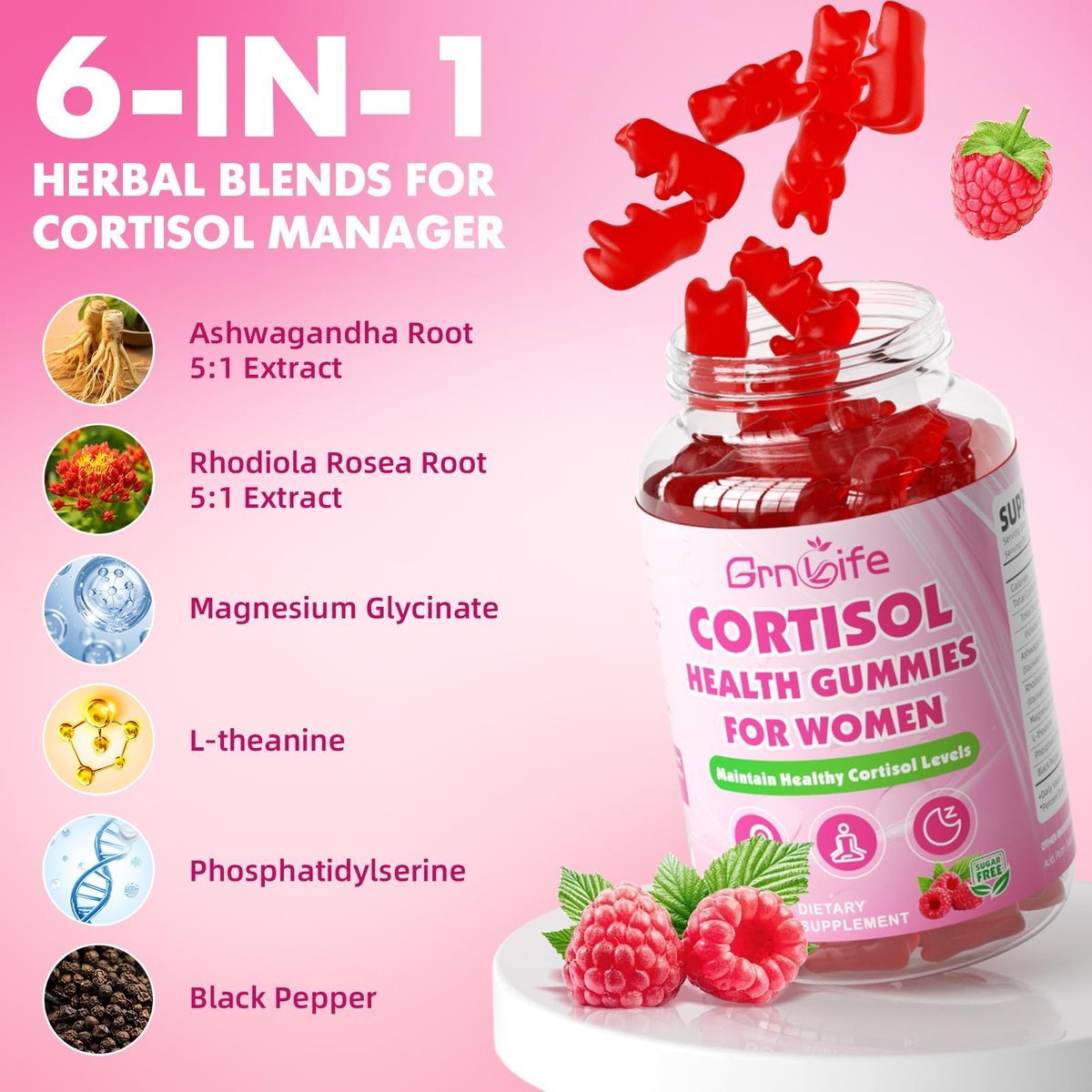Cortisol Gummies für Frauen, Cortisol-Ergänzungsgummis mit Magnesium, Ashwagandha, Rhodiola Rosea und L-Theanin-Komplex für Entspannung und Fokus, Zzz-Unterstützung, Himbeergeschmack, 60 Stück