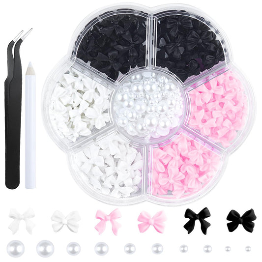 300-teiliges Set 3D Schleifen-Nagelverzierungen und flache Perlen – Schwarz, Weiß, Pink – Strass-Nagelkunst für DIY-Maniküre und Schmuckdesign
