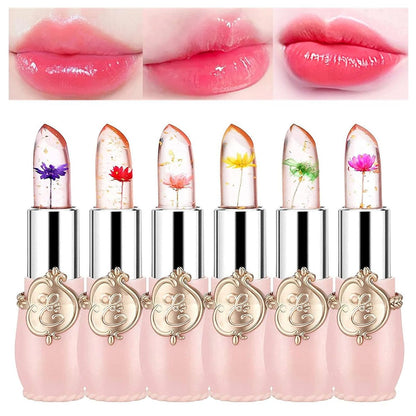 BONNIE CHOICE 6-teiliges Kristallblumen-Jelly-Lippenstift-Set – Temperaturempfindlicher, feuchtigkeitsspendender, lang anhaltender Blüten-Lippenstift mit Farbwechsel-Effekt