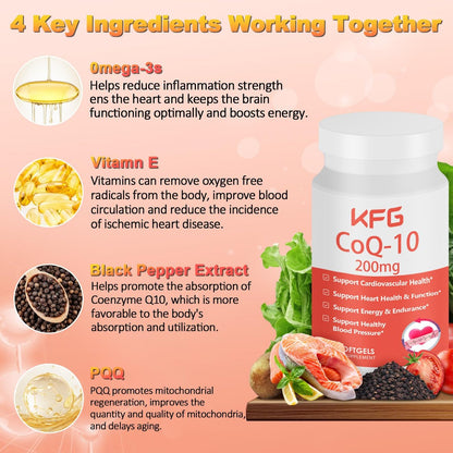 KFG CoQ10 200mg Weichkapseln – Coenzym Q10 für Herzgesundheit, Immunsystem & Zellenergie, glutenfrei