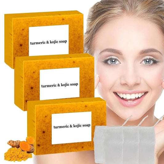 3er-Pack Kurkuma-Zitronen-Kojic-Seife + 3 Schaumnetze | Organische Gesichts- & Körperpflege | Reinigend & Peeling | Für alle Hauttypen