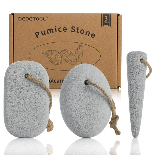 DEBETOOL Fuß Bimsstein Set – 3-teiliges Naturvulkan-Bimsstein-Set (rund, oval, konisch) mit Aufhängeseil – Hornhautentferner für Fersen, Zehen – Entfernung abgestorbener Haut