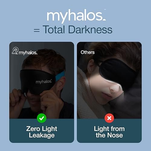 MyHalos® Schlafmaske – 3D Verdunkelungsmaske für Frauen & Männer, Seiten- und Rückenschläfer, Null Druck Memory-Schaum, Wimpernfreundlich, Atmungsaktiv, Ausgezeichnete Schlafhilfe für Reisen (Schwarz, 2er-Pack)