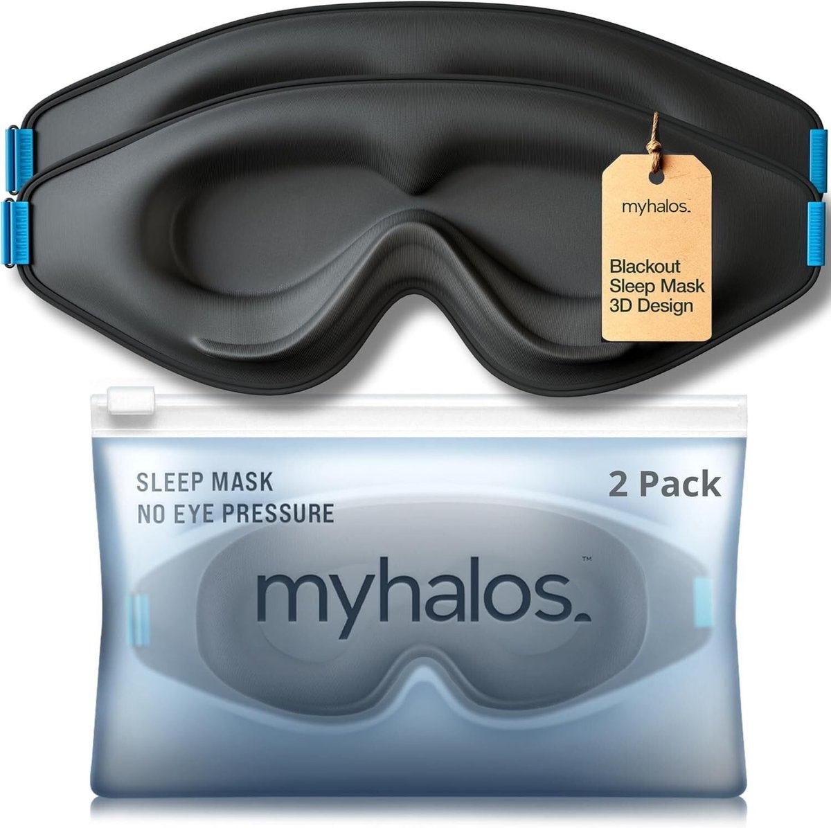 MyHalos® Schlafmaske – 3D Verdunkelungsmaske für Frauen & Männer, Seiten- und Rückenschläfer, Null Druck Memory-Schaum, Wimpernfreundlich, Atmungsaktiv, Ausgezeichnete Schlafhilfe für Reisen (Schwarz, 2er-Pack)