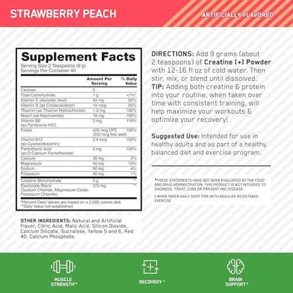 Optimum Nutrition Creatine Monohydrat Plus Pulver – Erdbeer-Pfirsich-Geschmack, Kreatin-Performance-Mischung mit Elektrolyten für Hydration, zusätzliche Vitamine, 40 Portionen, 360 g (Verpackung kann variieren)