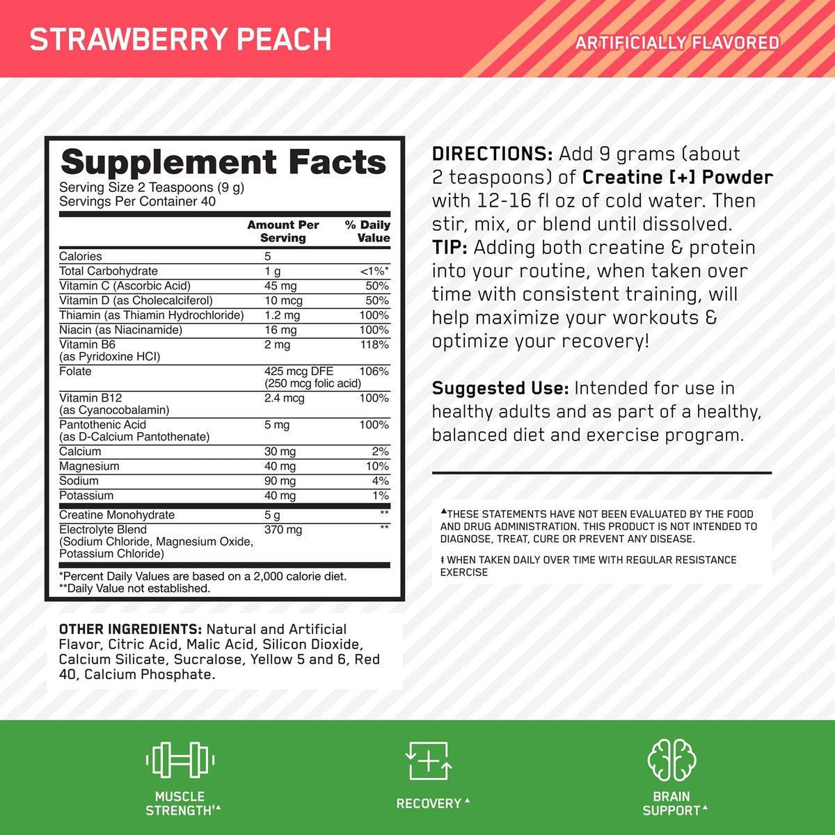 Optimum Nutrition Creatine Monohydrat Plus Pulver – Erdbeer-Pfirsich-Geschmack, Kreatin-Performance-Mischung mit Elektrolyten für Hydration, zusätzliche Vitamine, 40 Portionen, 360 g (Verpackung kann variieren)