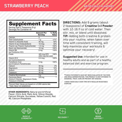 Optimum Nutrition Creatine Monohydrat Plus Pulver – Erdbeer-Pfirsich-Geschmack, Kreatin-Performance-Mischung mit Elektrolyten für Hydration, zusätzliche Vitamine, 40 Portionen, 360 g (Verpackung kann variieren)