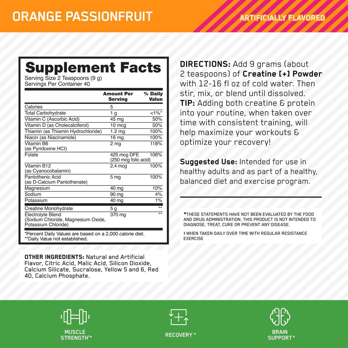 Optimum Nutrition Creatine Monohydrat Plus Pulver – Orangen-Passionsfrucht Geschmack, mit Elektrolyten & Vitaminen, 40 Portionen, 360 g