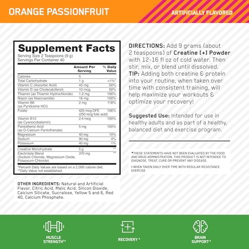 Optimum Nutrition Creatine Monohydrat Plus Pulver – Orangen-Passionsfrucht Geschmack, mit Elektrolyten & Vitaminen, 40 Portionen, 360 g