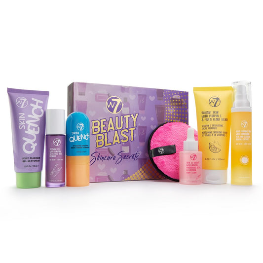 W7 Beauty Blast Skincare Secrets Set - Komplette 7-teilige Hautpflegeroutine mit Tagescreme, Serum, Reinigern, Toner-Mist, Augencreme und Abschminkpad