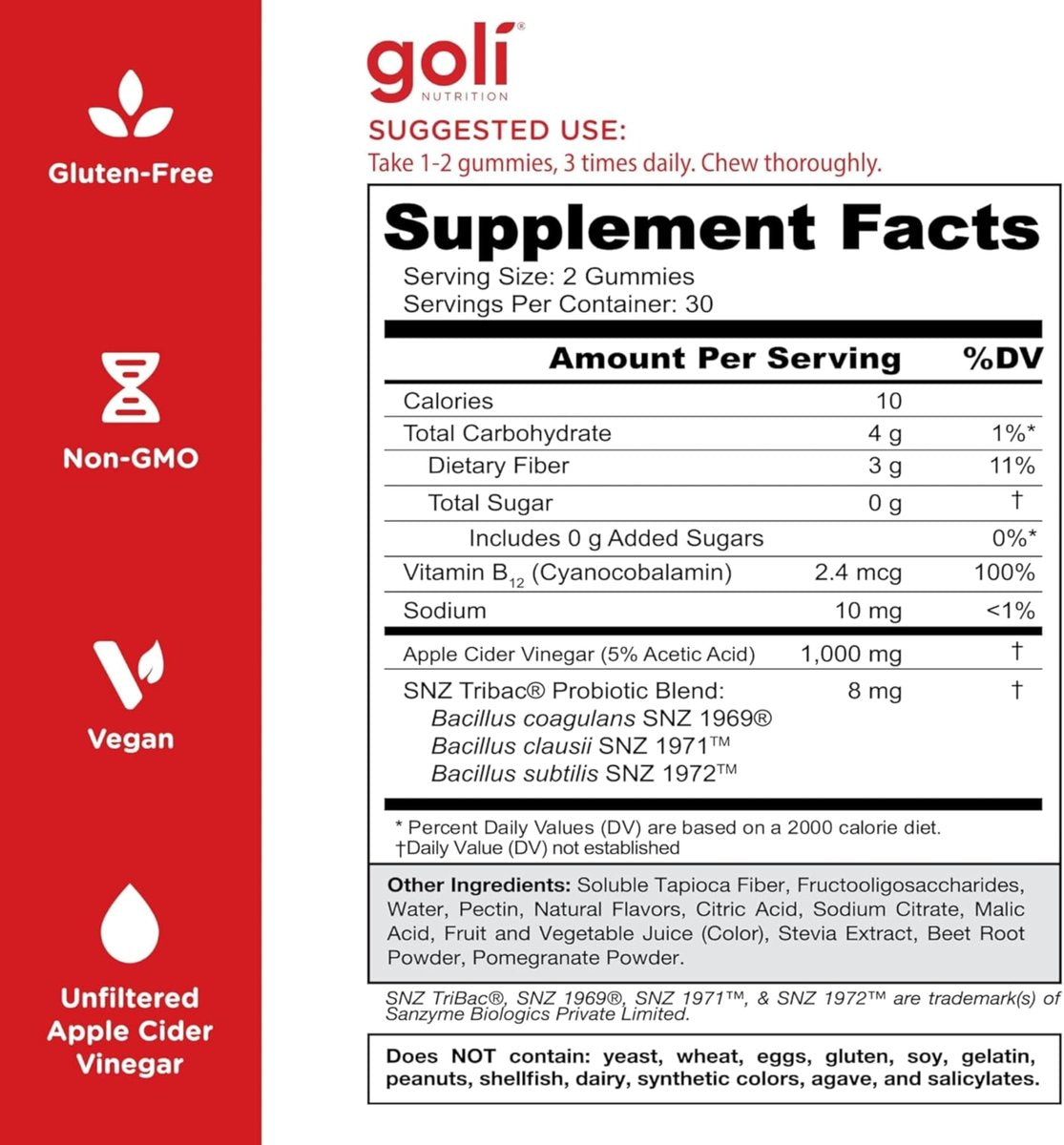 Goli Zero Sugar Apfelessig Gummis – ACV mit Vitamin B12 und Probiotika – Ohne Zuckeralkohole – Vegan, Keto-freundlich, Glutenfrei