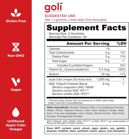 Goli Zero Sugar Apfelessig Gummis – ACV mit Vitamin B12 und Probiotika – Ohne Zuckeralkohole – Vegan, Keto-freundlich, Glutenfrei
