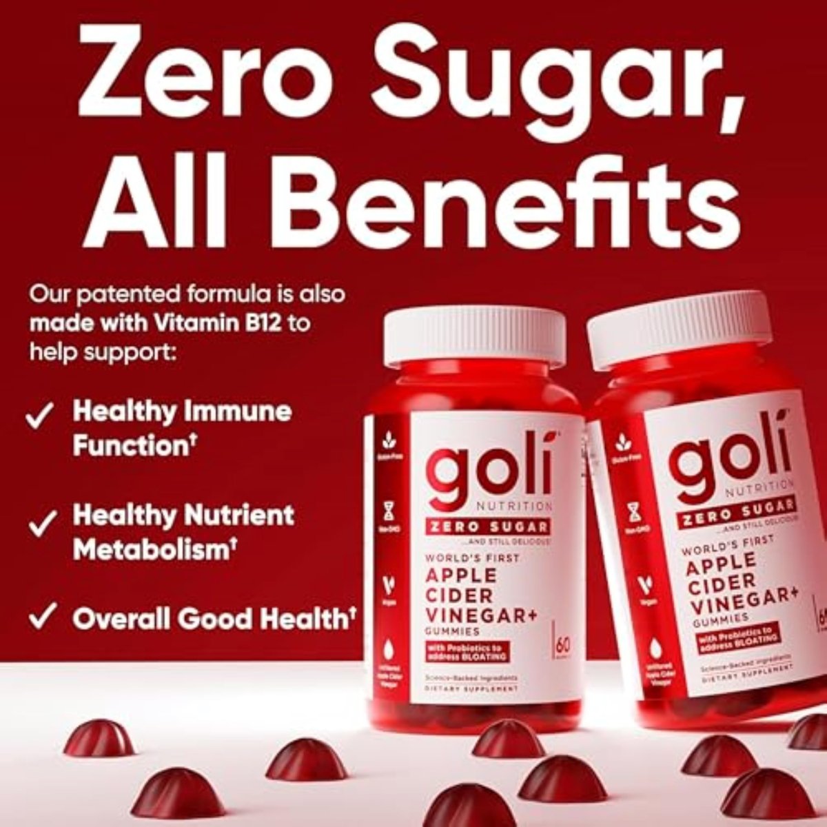 Goli Zero Sugar Apfelessig Gummis – ACV mit Vitamin B12 und Probiotika – Ohne Zuckeralkohole – Vegan, Keto-freundlich, Glutenfrei