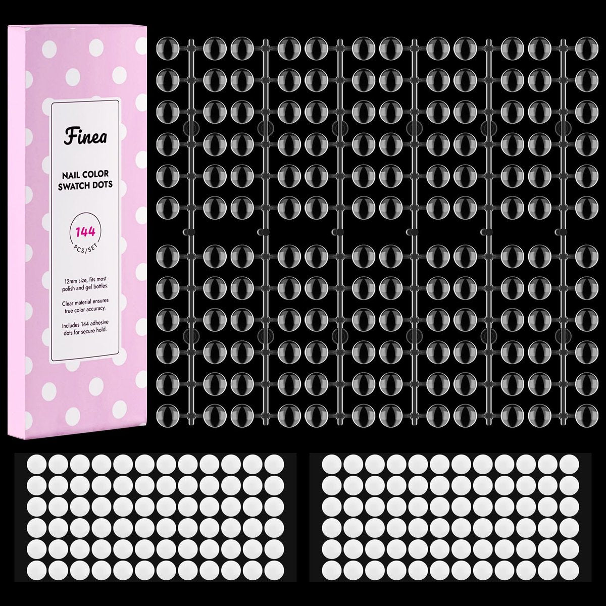 Finea 144-teilige Gel-Nagellack-Farbdisplay-Swatch-Dots mit Aufklebern – Klare durchsichtige Acryl-Plastik-Etiketten für Nagelkunst-Farbanalyse-Tabelle, Mustervorlage für Nageltechniker, Salonbedarf