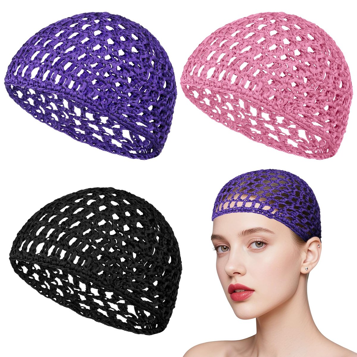 3er Set Netz-Haartücher – Weiche Haarnetze zum Schlafen, Mesh-Haarnetz, Crochet-Schlafhaube, elastisches Haarnetz für Frauen mit dickem, langem, kurzem oder lockigem Haar